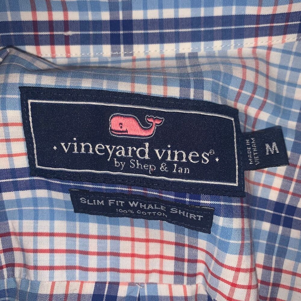 Vineyard Vines Mens Medium Button Down Shirt Blue Plaid Slim Fit Whale Preppy - Picture 4 of 5